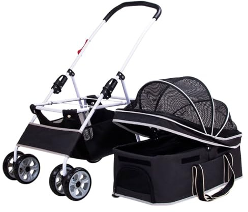 Chariots pliables en alliage pour chiots, cadre de transport amovible en maille respirante, pare-soleil résistant à l'usure, roues en caoutchouc pour chiens et chats de taille moyenne et petite taille