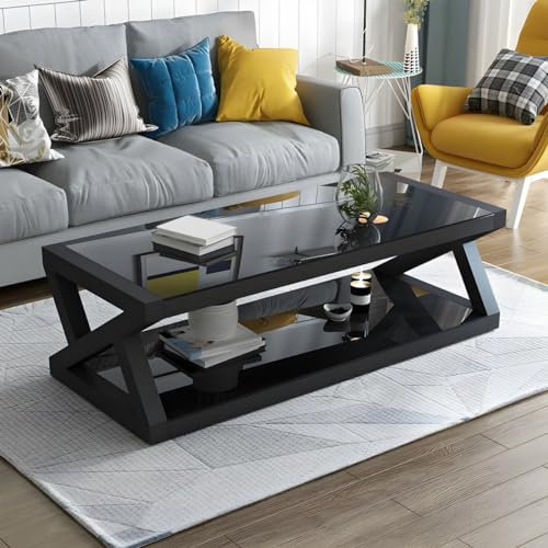 Mesa de centro con estante de almacenamiento, parte superior rectangular de cristal, color negro, 39.5 pulgadas de largo x 24 pulgadas de ancho x 18 pulgadas de alto