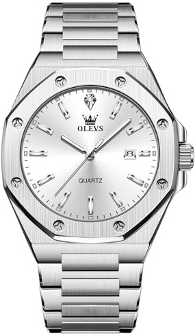 OLEVS Edelstahl Herren Armbanduhr Wasserdicht Leuchtend Großes Zifferblatt Uhren Herren mit Datumsanzeige Schicke Geschenke für Männer