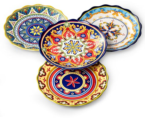 UNICASA Desserttallrik, salladstallrik, set i porslin – 23 cm, färgglada tårttallrikar set 4 personer med mönster och färgglada färger, keramik, liten rund tallrik