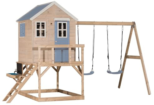 Wendi Toys M27PB-K – Cabane sur pilotis avec Double balançoire & Cuisine de Jeu, Maison de Jeu en Bois FSC Enfants, 192×405×242 cm, avec Plateforme 90 cm, bac à Sable & Tour d’Escalade, Bleu
