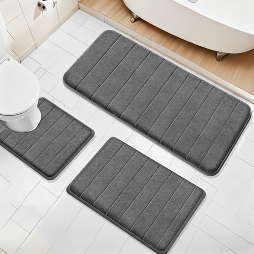 FARYODI Tapis Bain 3 PièCes, Mousse MéMoire Forme Souple Tapis WC Forme U, AntidéRapant, Absorbant, Lavable, Doux SéChage Rapide, Tapis Salle Bain pour Douche, Toilettes, Baignoire