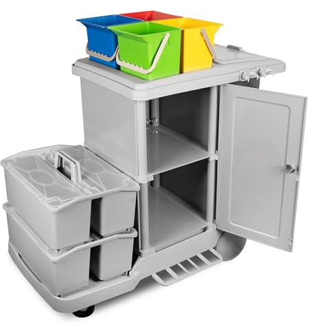 G.I.V. Stabiler Reinigungswagen & Materialwagen mit Moppboxen + abschließbarem Schrank - Systemwagen mit Dauerabfallsack, leise Räder, 4-Farbsystem Eimer je 6L - für Gebäudereinigung & mehr