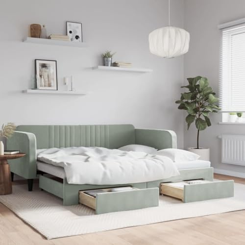 LoogCape Utdragbar dagsäng med lådor i ljusgrå 100 x 190 cm sammet, bäddsoffa, gästsäng med förvaringsutrymme, robust trämetallram, perfekt för gäster, barn, ungdomsrum eller sovrum