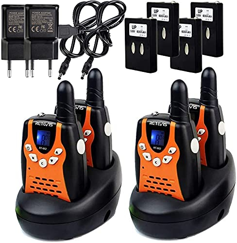 Retevis RT602 Walkie Talkie Kinder, Aufladbar 4er, Große Reichweite Funkgeräte 8 Kanäle Taschenlampe,mit Batterien und Ladegerät, Spielzeuggeschenk Weihnachten für Familienausfluger(2 Paare, Orange)