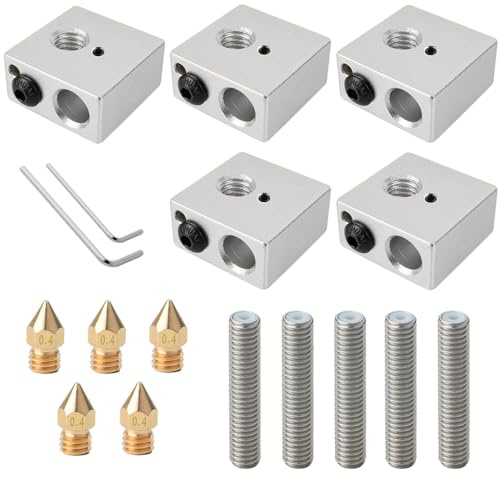 QitinDasen 5 Stück 3D Drucker Aluminium Heizblock, mit 5 Stück 0.4 mm Düse Druckkopf und 5 Stück M6 X 30 mm Düse Halsrohr
