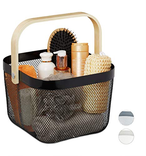 Relaxdays Aufbewahrungskorb, Henkel, Kleidung, Deko, Kosmetik, Stahl & Holz, Utensilienkorb, 17,5x26x24,5 cm, schwarz