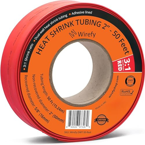 Wirefy 2 Heat Shrink Tubing - Large Diameter - 3:1 Ratio - Adhesive Lined - Industrial Heat-Shrink Tubing - Red - 50 Feet Roll