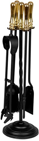 stax Hearth & Home Black Fireplace Companion Set 5 Piece 19 Inch Brass Top Brush Tongs Poker Shovel