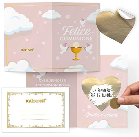 KAÏDENSÏ Prima Comunione Bambina - Biglietto Comunione Gratta e Vinci - Bigliettino Auguri con Busta Oro
