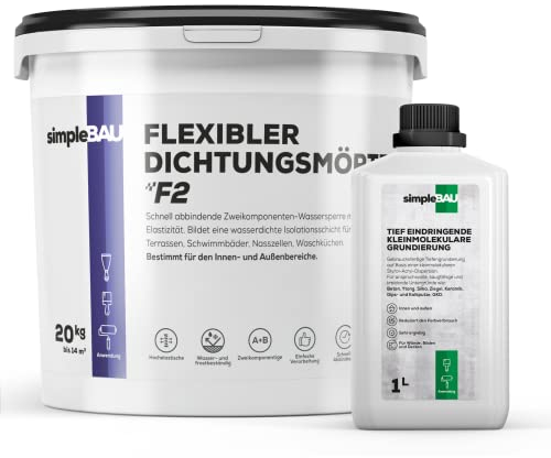simpleBAU Abdichtungsset: Flexibler Abdichtungsmörtel 20 kg + 1L Tiefengrund – Abdichtung & Vorbereitung für Balkone, Bäder, Gipskarton, Zement, Beton, Innen & Außen - Lösemittelfrei