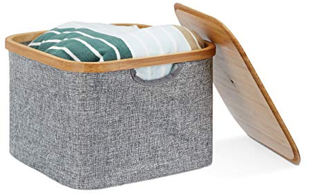 Relaxdays 3 x Aufbewahrungskorb Stoff, Bambus, Aufbewahrungsbox mit Deckel, Regalkorb, H x B x T: 25 x 33 x 33 cm, Stoffbox, grau