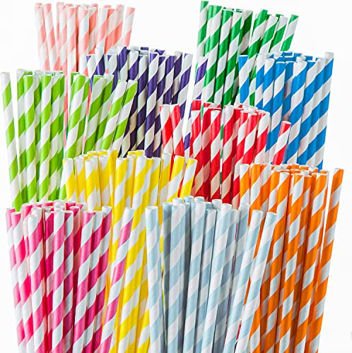 250 Pcs Paper Straws Multicolors Stripped Straw - Alternative to Plastic Straws Disposable, Biodegradable and Compostable Perfect for Drinking, can be use for Cocktail, Milk, Ocassions and Parties.