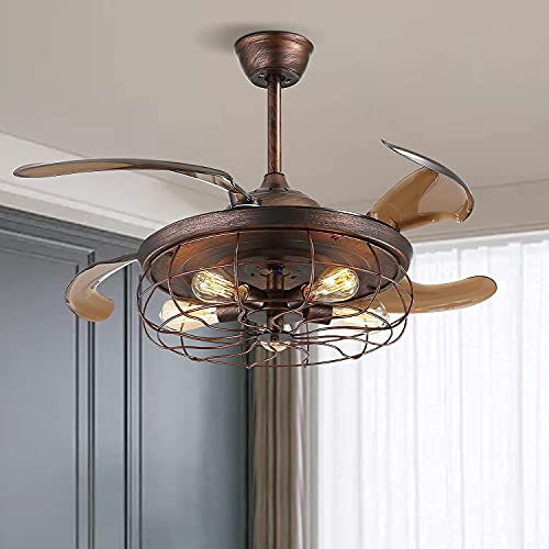 BMAES Ventilateur de plafond industriel rétro avec lumière et télécommande ventilateur de plafond à lame rétractable réversible lustre de ventilateur en métal rouillé(Size:42 Inches)