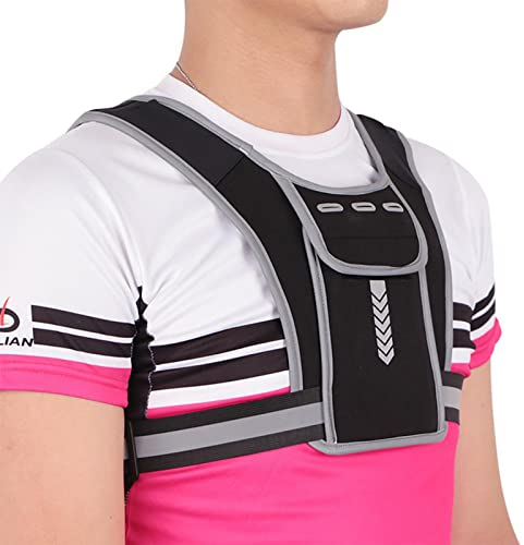 High Vis Running Vest with Phone & Water Bottle Holder Reflective Lightweight Breathable Running Bag for Men & Women with Under-Chest Adjustable Strap 5 Pockets for Keys, Cards, Energy Gels, Earbuds