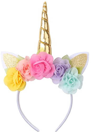 wozloify Diadema Unicornio Niña y Adulto – Hecha a Mano con Cuerno Brillante de Purpurina y Flores de Gasa – Accesorio para Cumpleaños, Carnaval, Cosplay, Navidad y Fiesta Infantil