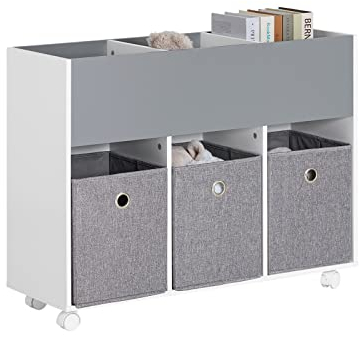 SoBuy KMB61-HG Kinderregal mit 3 Stoffboxen Bücherregal Kinderzimmer Regal mit Rollen Kinder Aufbewahrungsregal für Kinder Spielzeug-Organizer Hellgrau BHT ca.: 80x63x30cm