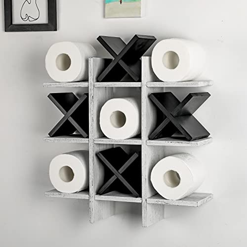 Weysat Tic Tac Toe Toilettenpapierhalter, Ständer, Toilettenpapier-Aufbewahrung, Badezimmer-Dekor, rustikale Holzaufbewahrung, freistehend, wandmontierte Regale, Dekoration für Toilettenpapier, | Rustikale Tic Tac Toe Toilette aus Holz zum Aufhängen, freistehend, wandmontierte Regale, Dekoration für Toilettenpapier