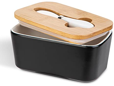 Eidoct Ceramic Butter Dish with Wooden Lid and Multi-Functional Butter Knife, 650ml, Black