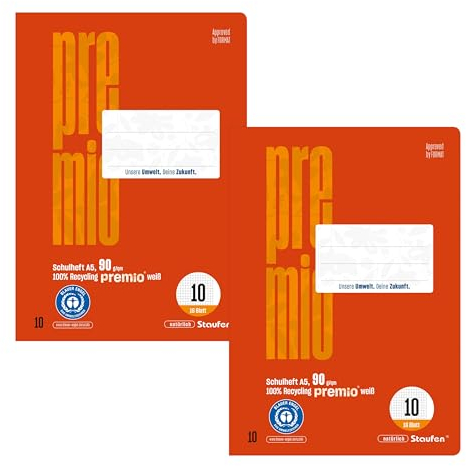 Staufen premio Schulheft - 10 Hefte je 16 Blatt, DIN A5, Lineatur 10 (5mm kariert mit Rand), 90 g/m² Recyclingpapier, runde Ecken verhindern „Eselsohren“