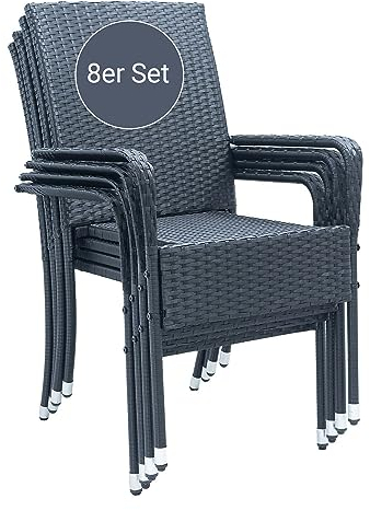 Juskys Polyrattan Gartenstühle Yoro 8er Set mit Armlehnen & Rückenlehne - 8 Stühle stapelbar - Rattan Stuhl Garten - Stapelstuhl Schwarz