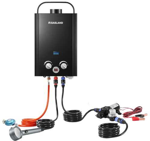 GASLAND BE158BP60-DE Chauffe-eau instantané à gaz sans réservoir 6 l 50 mbar, chauffe-eau instantané LPG portable avec pompe à eau 12 V pour douche de camping, excursion en camping-car, cheval de