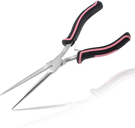LEONTOOL 7 Extra Long Needle Nose Pliers for Jewelry Making, Long Reach Tool Slim with Teeth, Mini Precision Jewelry Pliers for Wire Looping, Small Object Gripping, Pink Tool for Women