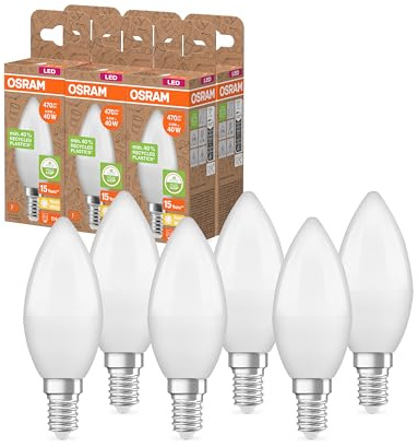 Osram LED STAR CLASSIC B 40 FR LED-Lampe, E14, klassische Minikerzenform, weiß, 4,9W, 470lm, 2700K, warmweißes Licht, sehr geringer Energieverbrauch, mit recyceltem Kunststoff, 6 - Pack