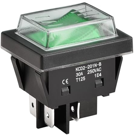 Heschen Hochstrom-Wippschalter, 30 A, 250 V AC, EIN/AUS, 2 Positionen, DPST, 4 Anschlüsse, T125, mit wasserdichter Abdeckung (1, Grün)