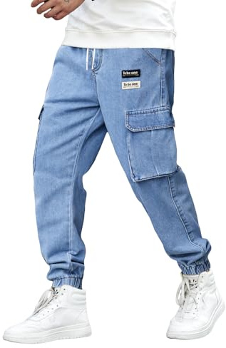 OYOANGLE Men's Drawstring Waist Flap Pocket Jogger Cargo Pants Carrot Denim Jeans with Pocket Light Wash Letter Small