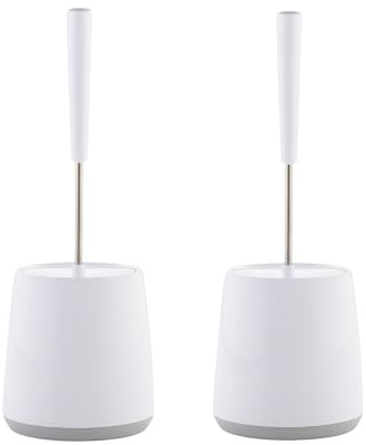 Minky Toilet Brush & Holder x2, Silicon Brush Head & Stainless Steel Handle, Sturdy Oval Shaped Base, Deep Cleaning Toilet Brush Set With Non Slip Handle, White & Light Grey, Made in the UK