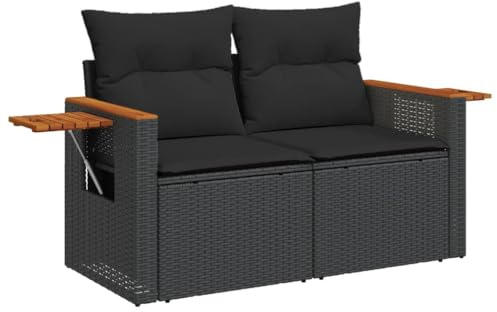 vidaXL Gartensofa mit Kissen 2-Sitzer Schwarz Poly Rattan