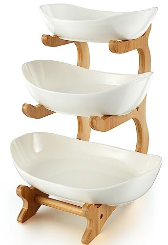 Glvyou 2 Tier/3 Tier Ceramic Fruit Bowl with Stand for Kitchen Counter Large Capacity Fruit Ceramic Basket Decorative Fruit Tray Holder Multifunctional Fruit Serving Bowl Set for Fruit Vegetable Desse