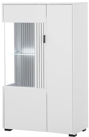 Lomadox Highboard Vitrine Vitrinenschrank Standvitrine modern LED Beleuchtung weiß matt schwarz gerillt 75x125x38 cm