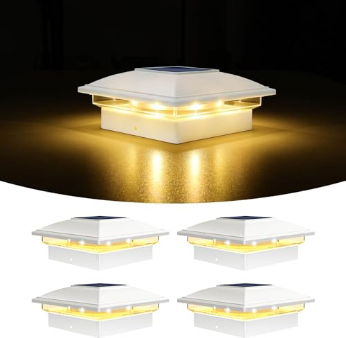 VOLISUN Paquete de 4 luces solares impermeables para exteriores, valla solar, luces de poste para postes de madera de 4 x 4, 5 x 5, 6 x 6 pulgadas, luz blanca para poste de cubierta, funciona con