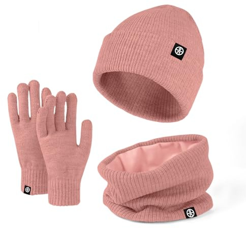 Enwokran 3 Stück Wintermütze Mütze Handschuhe Schal Set Thermo Strickmütze Elastischer Weiches Fleece Gebürstetes Innenfutter Schal Touchscreen Handschuhe Set für Kaltes Wetter