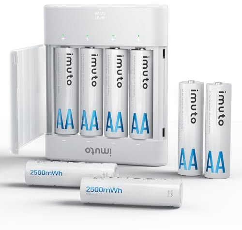 imuto 1,5V AA Batterie ricaricabili Litio (8 pezzi) con caricabatterie rapido, 2500mwh ad alta capacità e 1.5V a tensione costante doppio A Pile Ricaricabili, oltre 1600 cicli Batteria AA Lithium