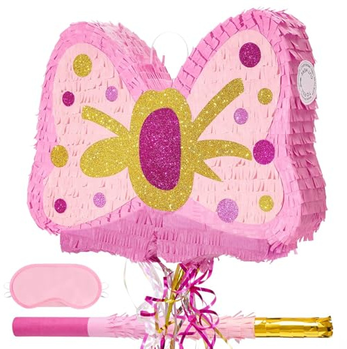 WERNNSAI FliegePiñata – Rosa Glitzer Fliege Geburtstags Partydeko für Mädchen und Kinder mit Stock und Augenbinde