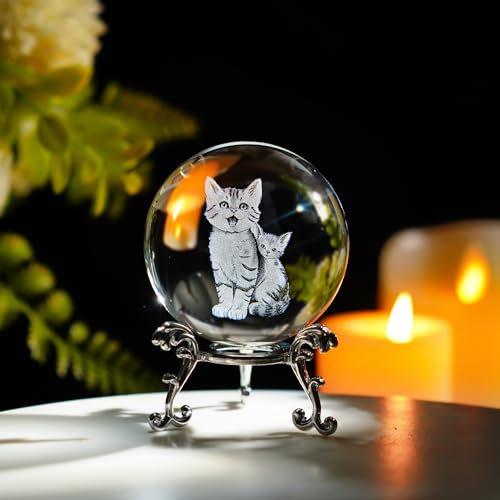 2.3in cat Crystal Ball Figurines Glass Laser Engraved with Kitten Snuggling Mother Figurine Gifts for Cat Lovers