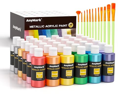 AnyMark Vernice Acrilica Metallizzate, Set di 36 Colori Brillanti (60 ml, 2 oz), Colori Acrilici per Adulti e Artisti, Vernice Multi-Superficie per Tessuto, Tela, Artigianato e Vetro