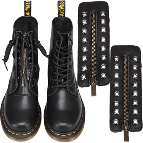 SQAQS 2PCS Shoe Zipper, Easy to Put on and Take off, Leather Boot Zipper Inserts, Black Tieless Shoe Laces Eyelets Zipper, Metal Eyelets Zipper Boot Laces Black No Tie Shoe Laces for Adults(4.5-5)