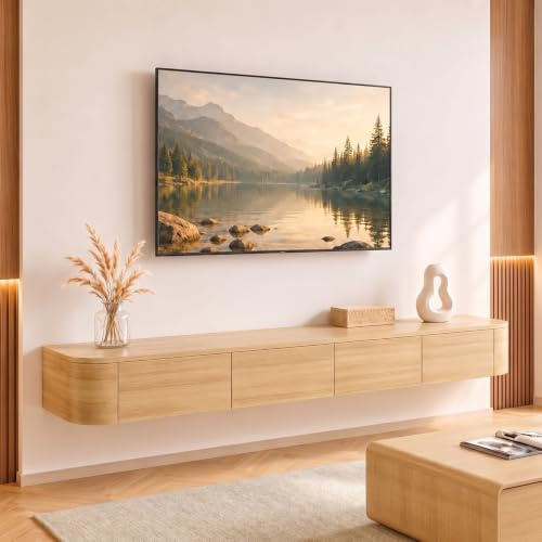 Ribanedy Modernes Schwebendes TV-Regal | Wandmontierte Unterhaltungsmedien-Konsole | Großes Aufbewahrungs-TV-Bank für Wohnzimmer & Büro (Holzfarbe, 120cm)