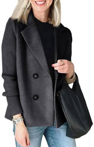Generisch Damen Tweed Blazer Elegant Business Übergangsjacke Doppelreihig Wollmantel mit Revers (Black, L)