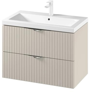 VBChome Waschtisch mit Unterschrank 80 cm Kaschmir Fronten mit Rillenstruktur Hängendes Badmöbel Set mit 2 Soft-Close Schubladen Keramik Waschbecken Badezimmerschrank
