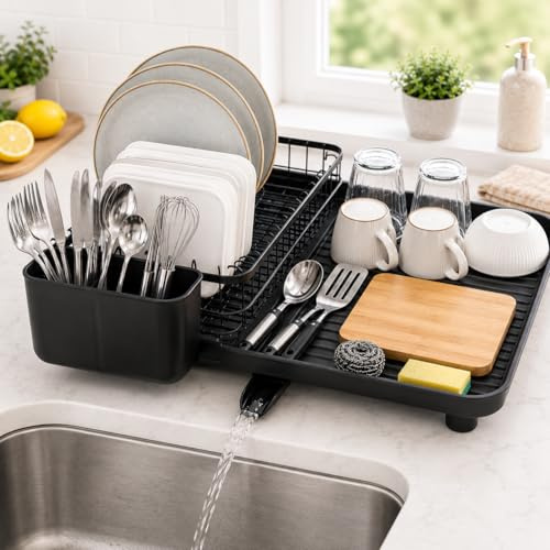ToughHub Dish Drainer Rack Extendable for Kitchen Counter & Sink – Adjustable Dish Drying Rack With Drainboard, 360° Swivel Spout & Utensil Holder, Large Capacity Anti-Rust Metal Dish Rack, Black