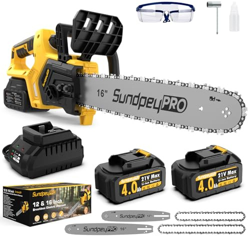 SundpeyPRO Brushless Electric Cordless Chainsaw - 12 & 16 Dual Guide Plate 21V Electric Chain Saw With 2 x 4.0Ah Batteries & Auto Oiler & Oil Output Control Switch for Wood Tree Pruning Cutting