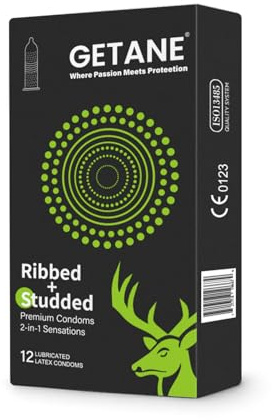 GETANE 12 PCS Ribbed & Studded 2-in-1 Lubricated Condoms, Double Intensified Sensation Condoms for Men and Women, Premium Natural Latex, 12 Count Pack