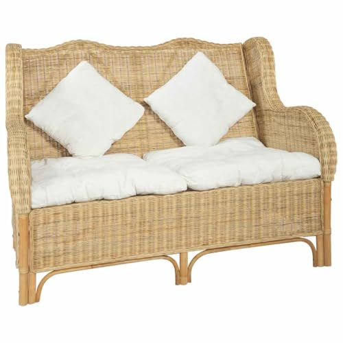 Owoxanthellate 2-Sitzer Sofa aus natürlichem Rattan, 86 x 121 x 88 cm, cremefarbene Leinen-Kissen, platzsparendes Mini-Couch für Wohnzimmer Wintergarten oder kleine Flure