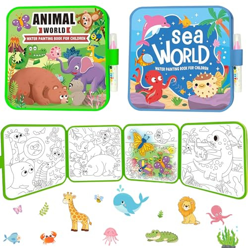 Orizizhic 2 Pcs Mess Free Water Painting Books for Children, Reusable Animal and Marine Themes Water Coloring Book with Pen, No Mess Magic Aqua Art Water Drawing Kit, Gifts for Boys Girls