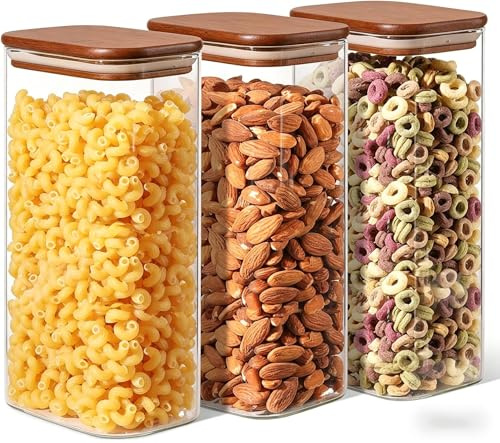 Set da 3 barattoli in vetro con coperchio 1600 ml Contenitori vetro per alimenti, porta cereali, avena, tè verde, semi di finocchio, pasta, fagioli – Barattoli cucina trasparenti con coperchio in legn